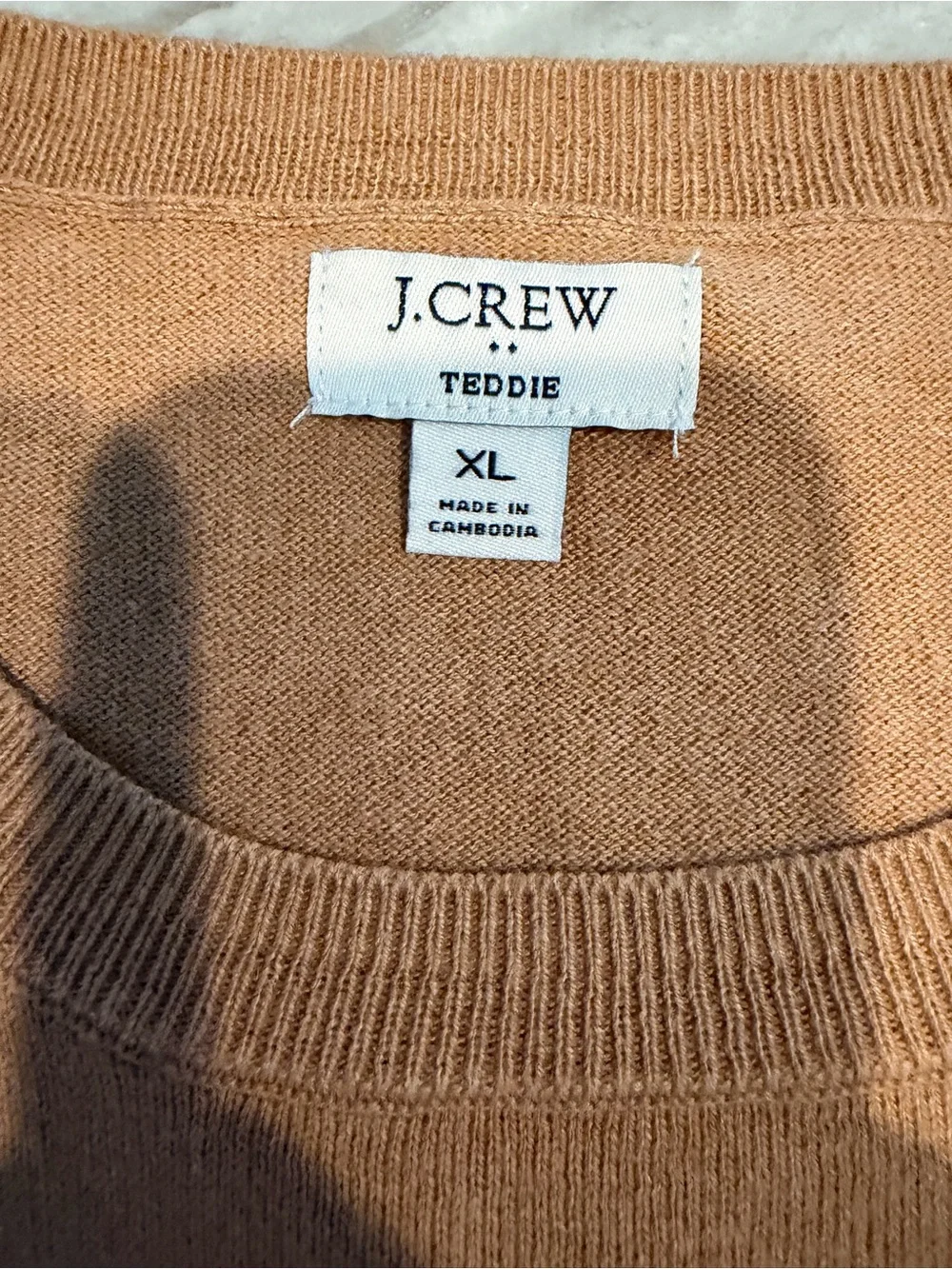 J. Crew Teddie Crewneck Sweater in Camel with Pink Heart